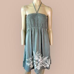 Monsoon Y2K Strap Halter Tube Sundress Smocked Womens M Green Gray Embroidered